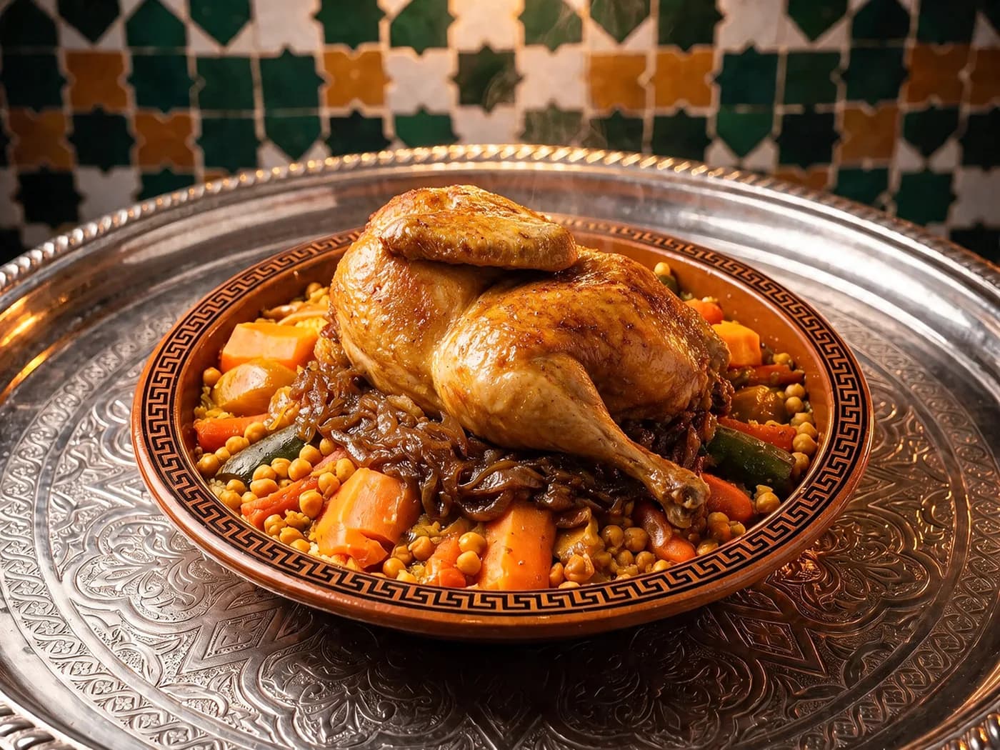 Couscous royale met een hele kip in stukken, kikkererwten en zeven groenten