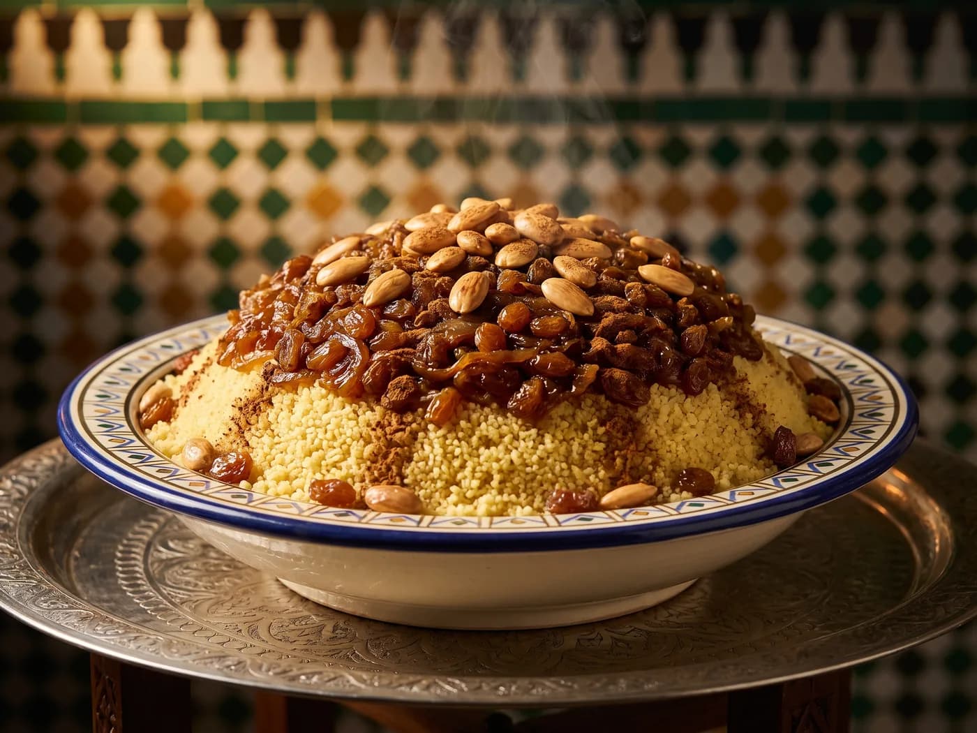 Couscous tfaya met gekaramelliseerde uien, rozijnen, kaneel en geroosterde amandelen