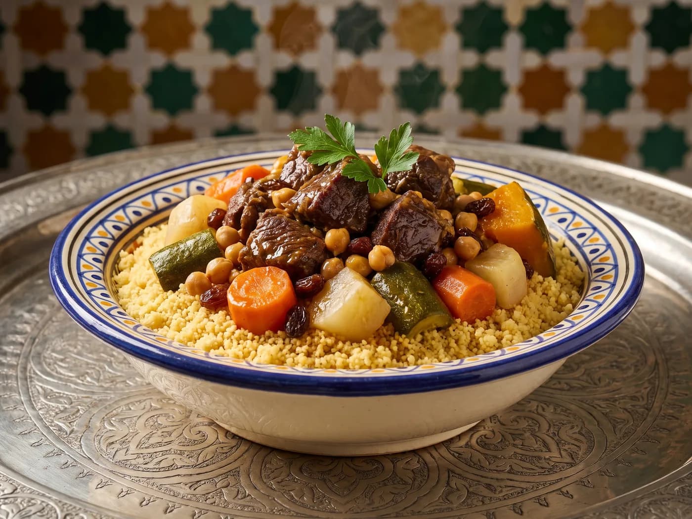 Couscous met royale stukken gestoofd rundvlees, rozijnen, kikkererwten en groenten