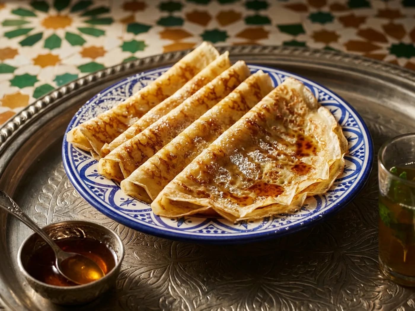 Gevouwen crêpes met honing en poedersuiker op een blauw-wit Marokkaans bord