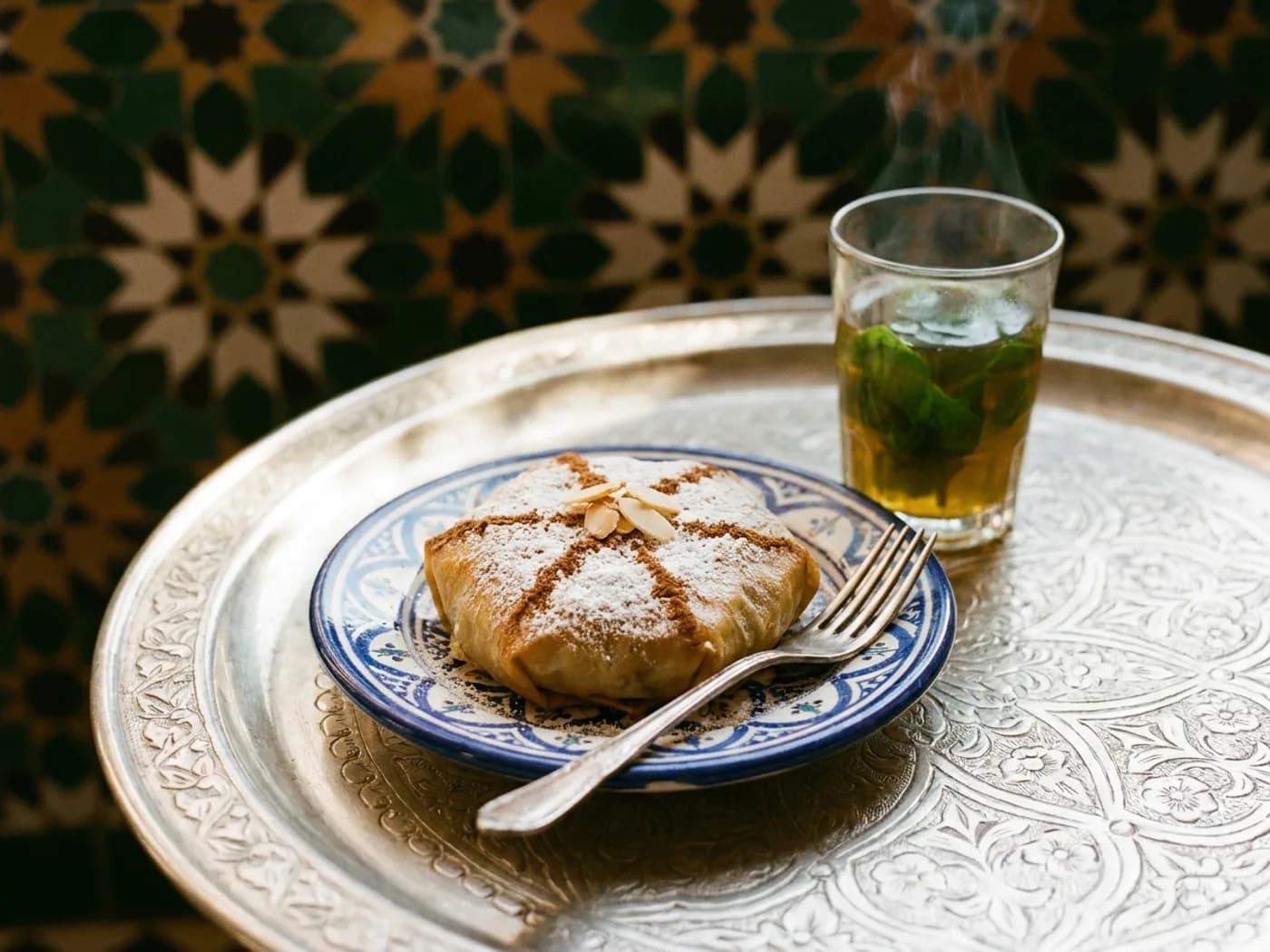 Pastilla met kip, bestrooid met poedersuiker, kaneel en amandelschaafsel