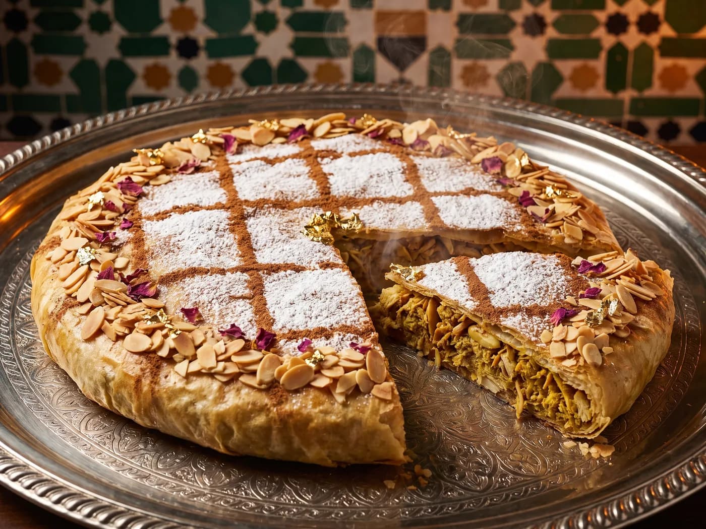 Pastilla kip royal met een uitgesneden punt die de vulling van kip en amandel toont