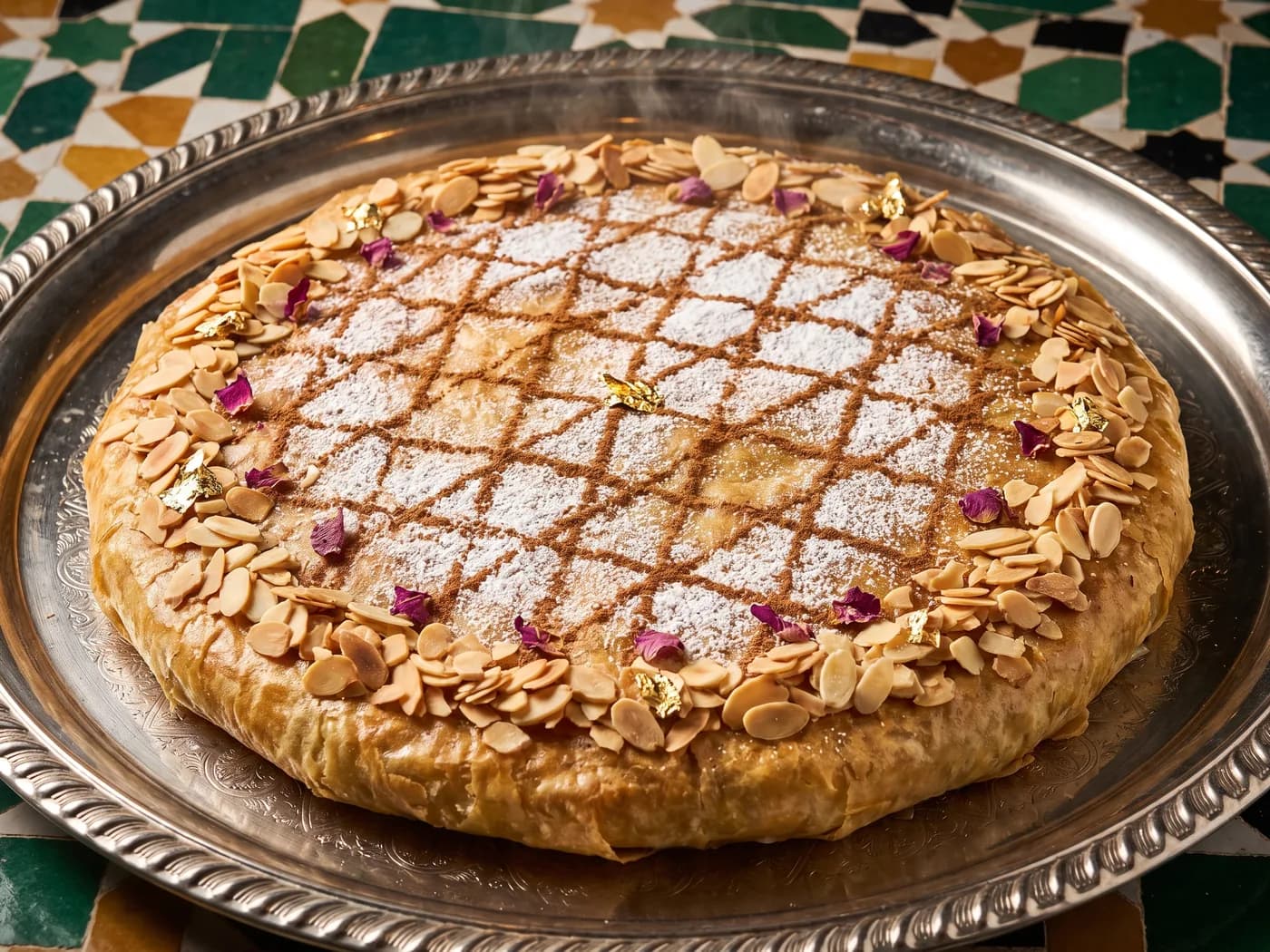Grote pastilla met kip op een gegraveerd zilveren dienblad, bestrooid met poedersuiker, kaneel en amandelschaafsel