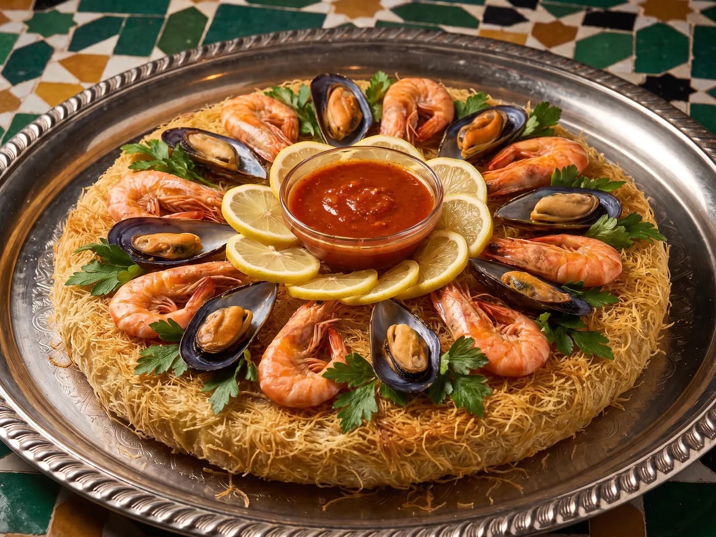 Pastilla vis de mer met gamba's, mosselen en citroen rond een schaaltje saus
