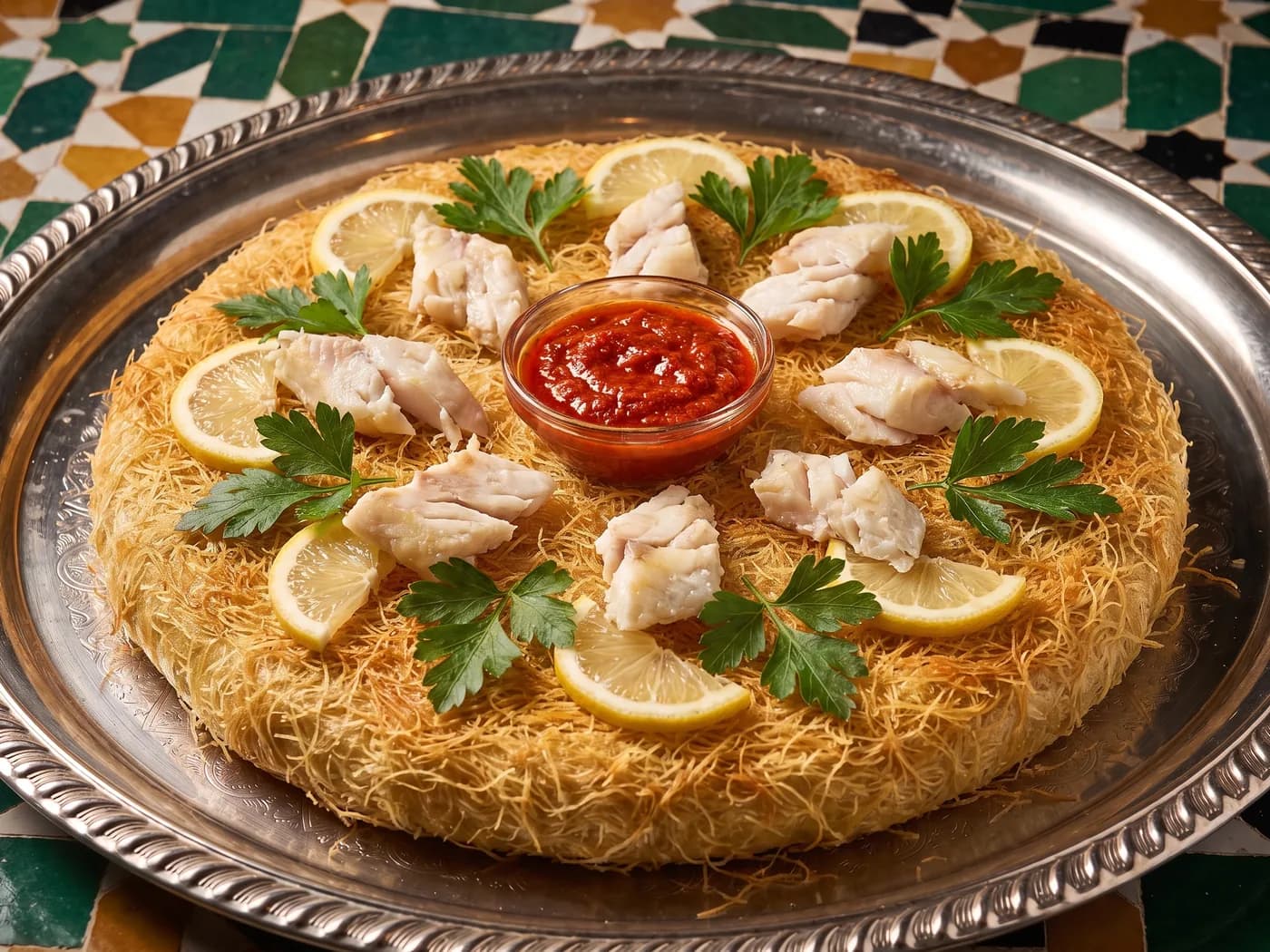 Pastilla met vis op knapperig deeg, radiaal gegarneerd met citroen, peterselie en een schaaltje harissa