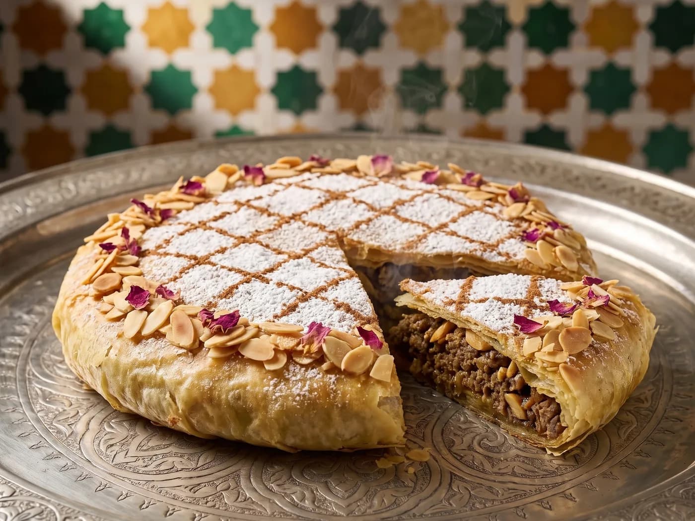 Ronde pastilla met vlees op een zilveren dienblad