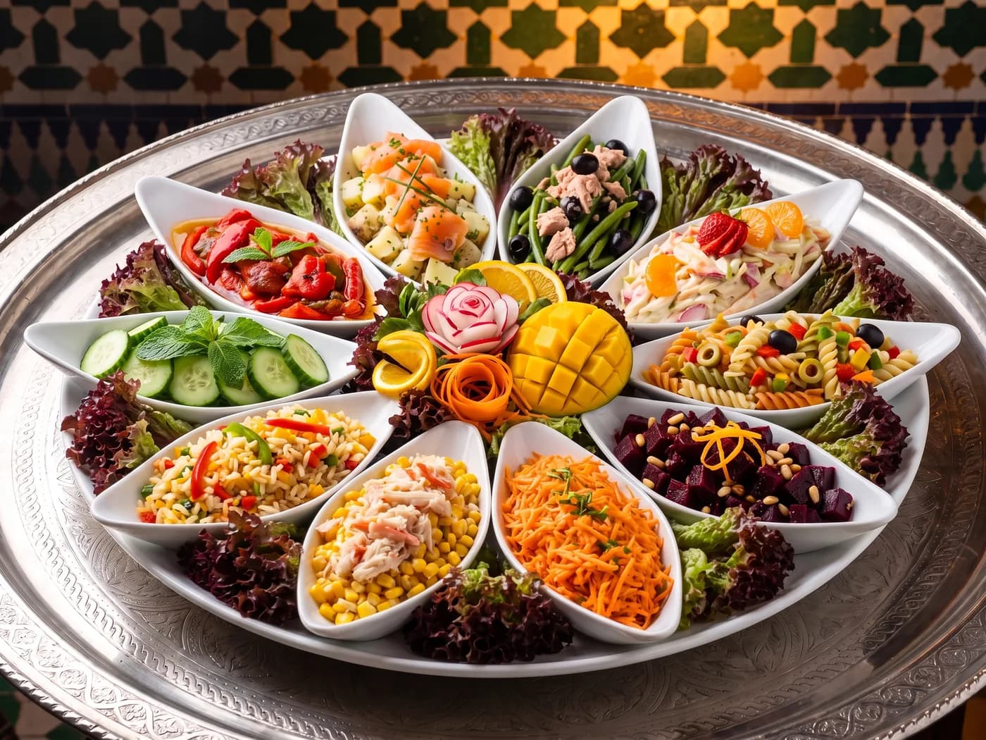 Saladeschotel voor acht personen: acht witte schaaltjes met verschillende salades rond een gesneden radijsroos