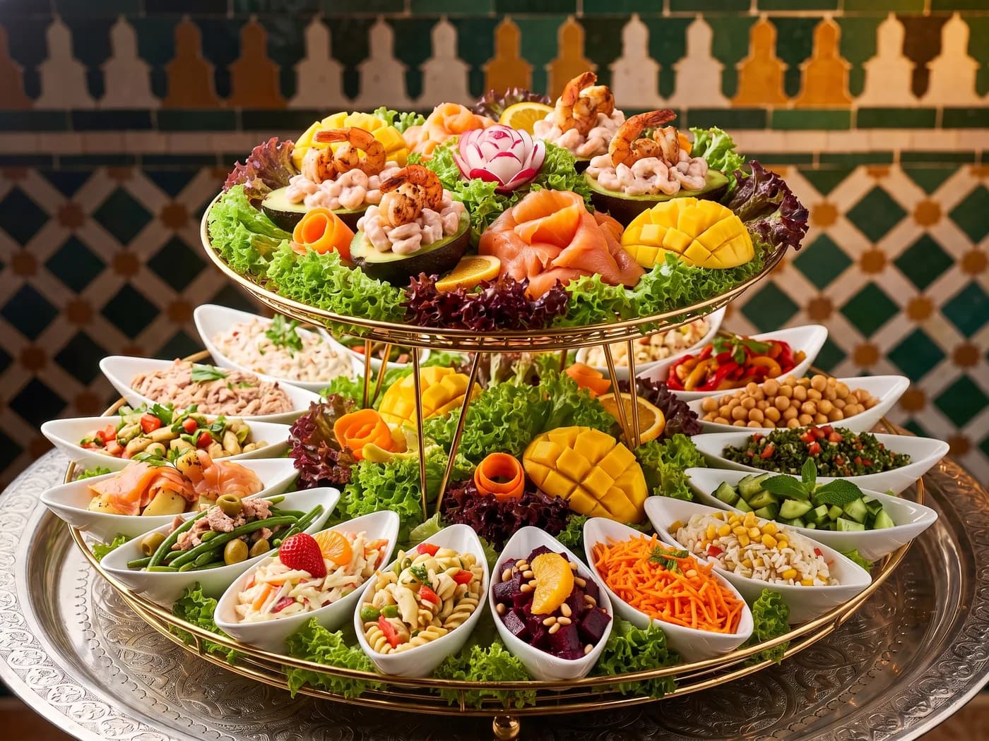 Salade de luxe op een gouden etagere met gevulde avocado, gamba's en gerookte zalm